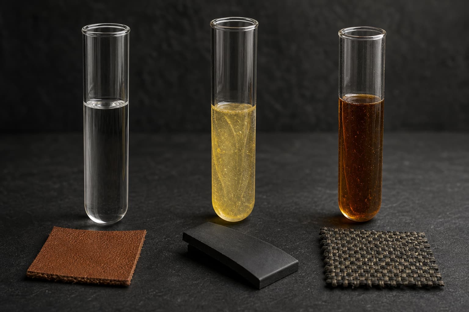 Trois tubes à essai contenant des liquides de couleurs différentes (transparent, jaune et foncé) représentant trois types de colle, avec des échantillons de cuir, caoutchouc et textile disposés devant, sur fond sombre.