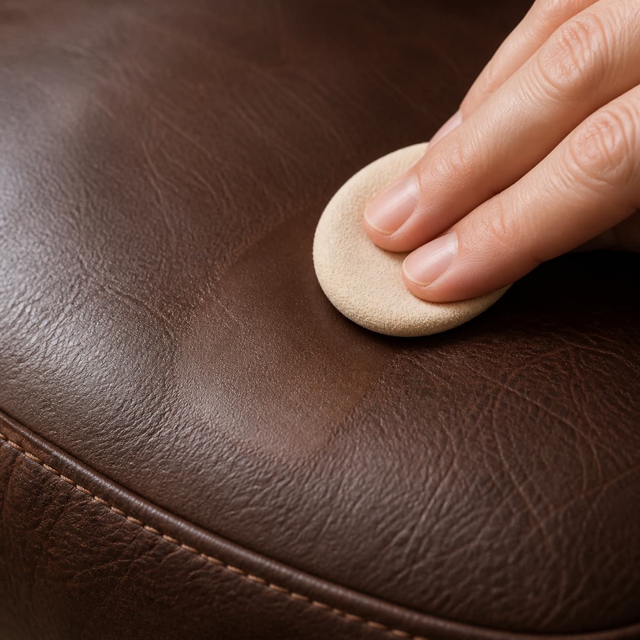 Main appliquant une fine couche de finition mate sur une zone de cuir réparé à l’aide d’un applicateur doux.