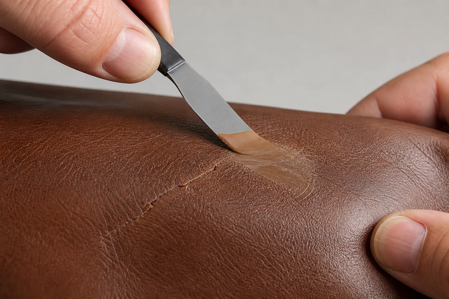 Une spatule souple applique une fine couche de pâte réparatrice sur une fissure de cuir, sans débordement ni surépaisseur.
