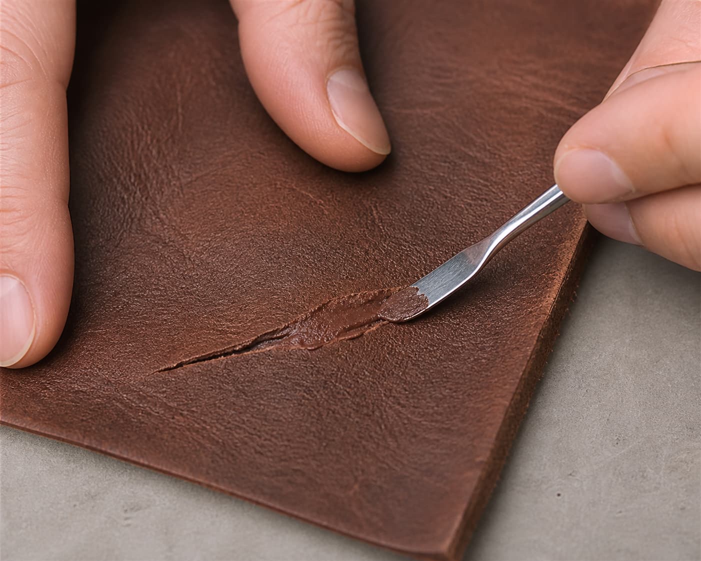 Gros plan sur une spatule étalant une fine couche de produit de réparation sur une déchirure de cuir maintenu à plat.