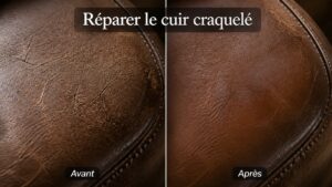 Zone de cuir brun craquelé avant et après réparation, présentée côte à côte sous le même angle, avec l'inscription 'Réparer le cuir craquelé'.