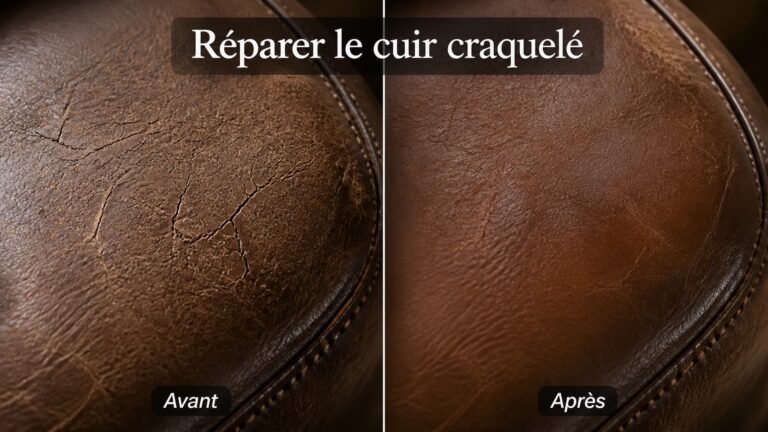 Zone de cuir brun craquelé avant et après réparation, présentée côte à côte sous le même angle, avec l'inscription 'Réparer le cuir craquelé'.