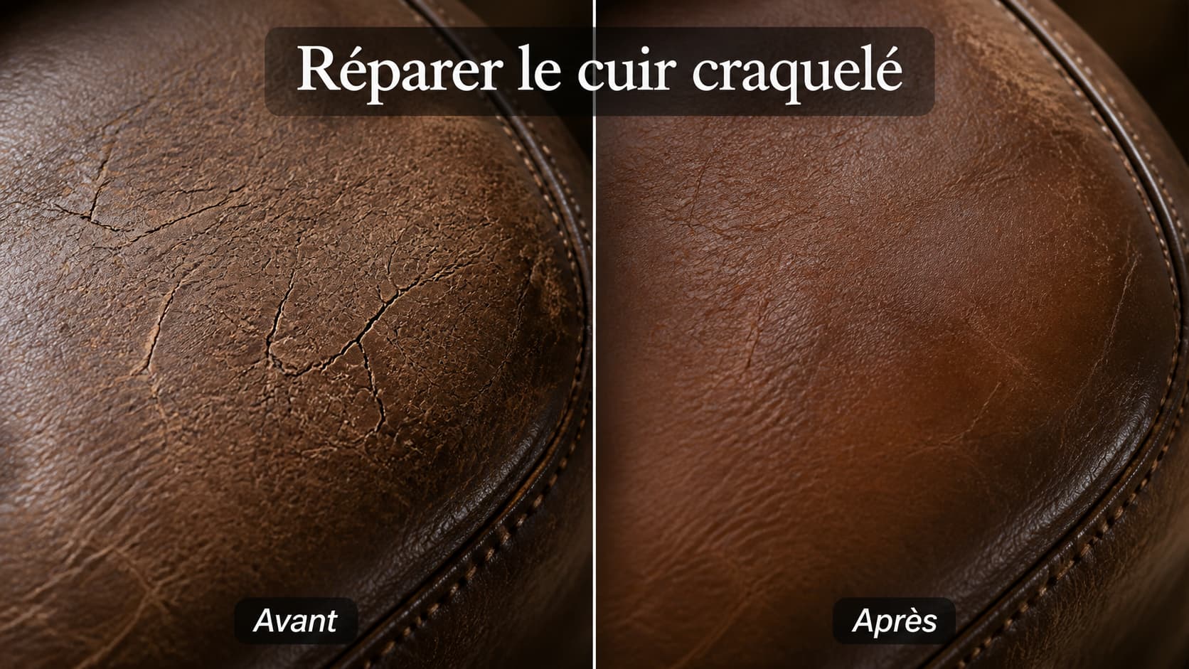 Zone de cuir brun craquelé avant et après réparation, présentée côte à côte sous le même angle, avec l