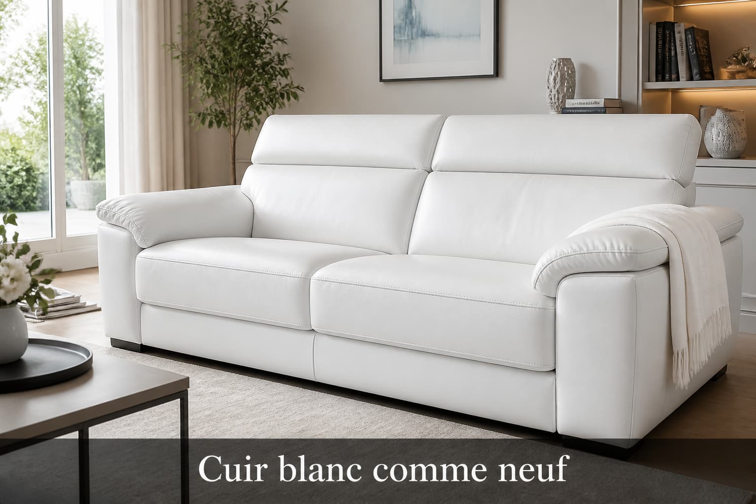Canapé en cuir blanc propre dans un salon lumineux, un chiffon doux posé sur l’accoudoir, avec le texte « Cuir blanc comme neuf » affiché en surimpression.