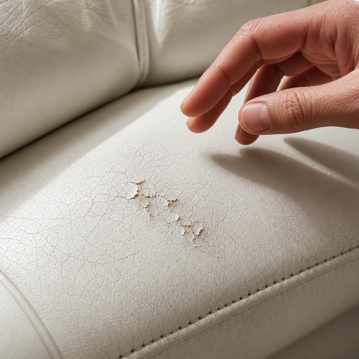 Surface de cuir blanc craquelé et sec d’un canapé, avec une main qui s’en écarte sans frotter.