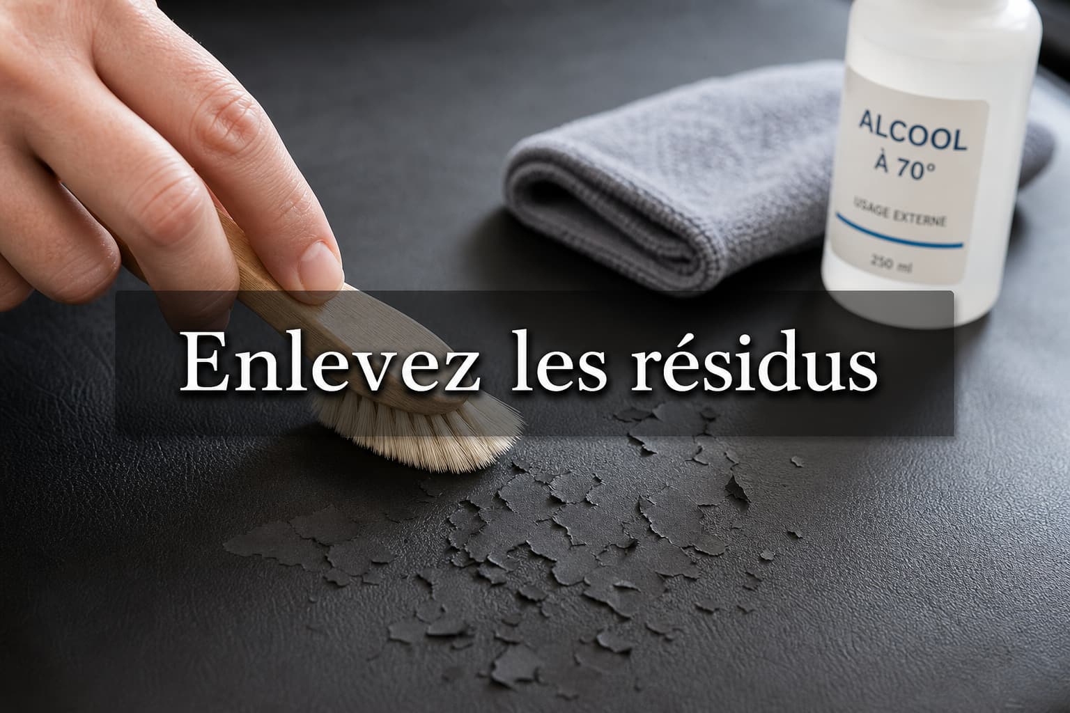 Une main brosse délicatement des résidus de simili cuir qui s