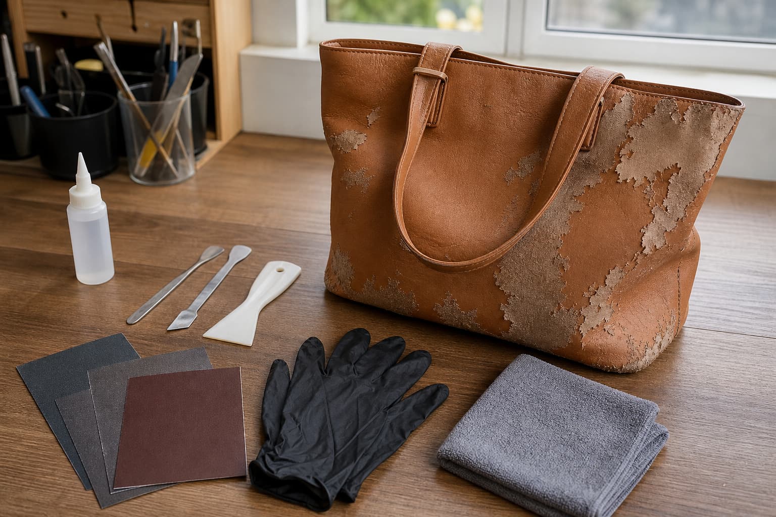 Un établi en bois propre avec des outils de réparation pour cuir synthétique : colle, spatule, papier de verre, gants, et un sac en cuir écaillé, organisés et prêts pour la réparation, sous lumière naturelle.