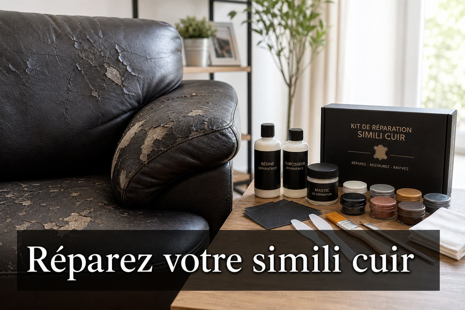 Canapé en simili cuir usé présentant des zones pelées, à côté d'un kit de réparation avec résine et outils, et le texte 'Réparez votre simili cuir' en surimpression sur un fond sombre semi-transparent.