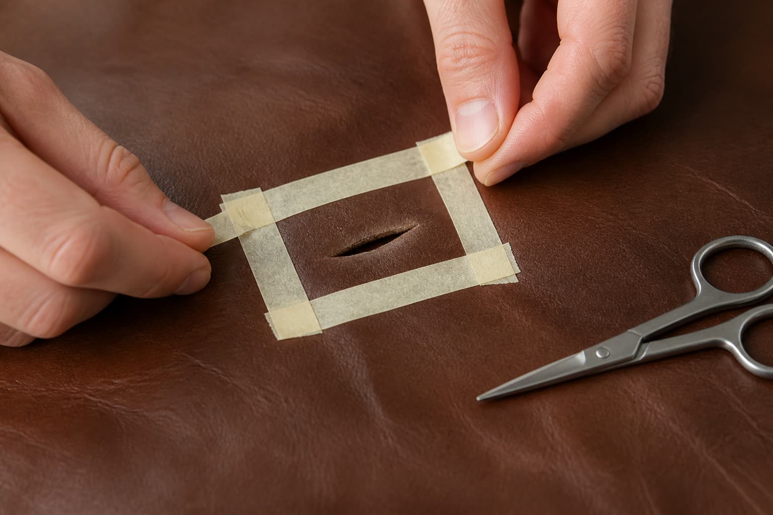 Gros plan sur des mains appliquant du ruban de masquage autour d