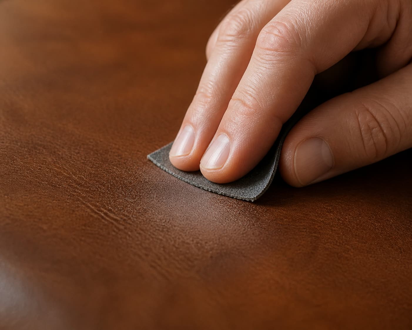 Gros plan sur un papier abrasif fin lissant une zone réparée sèche sur un cuir, avec le cuir sain environnant intact.