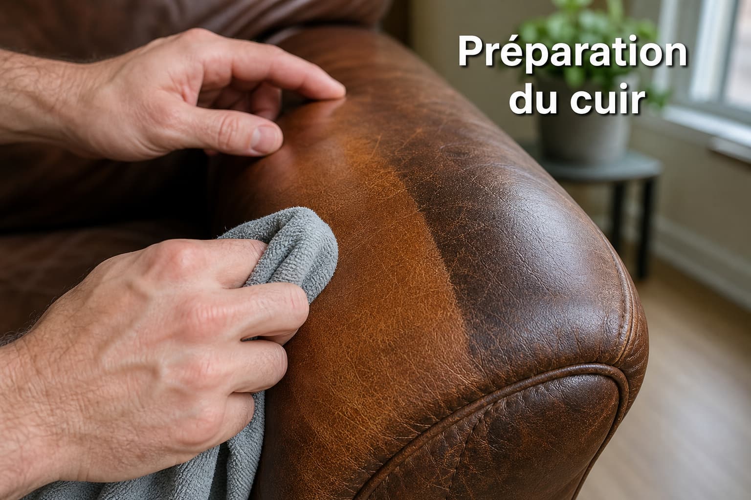 Gros plan sur des mains nettoyant un accoudoir de canapé en cuir usé avec un chiffon en microfibre imbibé d