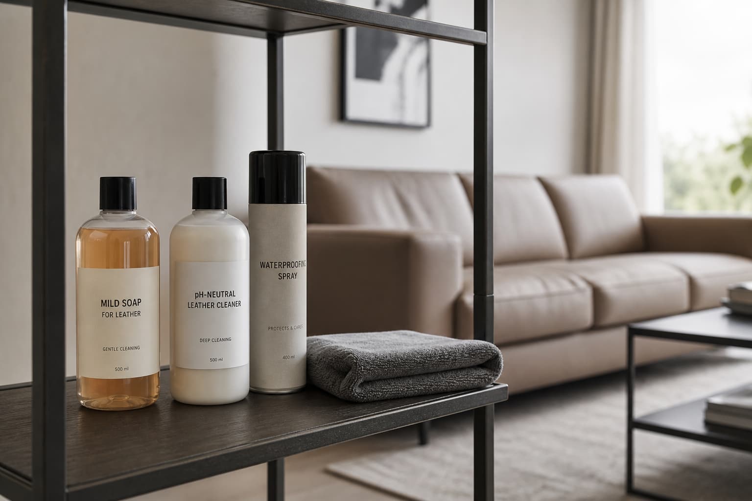 Un flacon de savon doux, un nettoyant au pH neutre, un spray imperméabilisant et un chiffon doux sur une étagère, avec un canapé en simili cuir propre en arrière-plan.