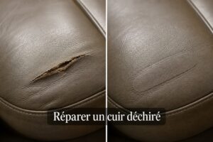Comparaison avant-après d’une assise en cuir : à gauche une déchirure visible, à droite une zone réparée discrète et lissée, avec le texte 'Réparer un cuir déchiré' en surimpression.