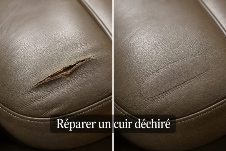 Comparaison avant-après d’une assise en cuir : à gauche une déchirure visible, à droite une zone réparée discrète et lissée, avec le texte 'Réparer un cuir déchiré' en surimpression.