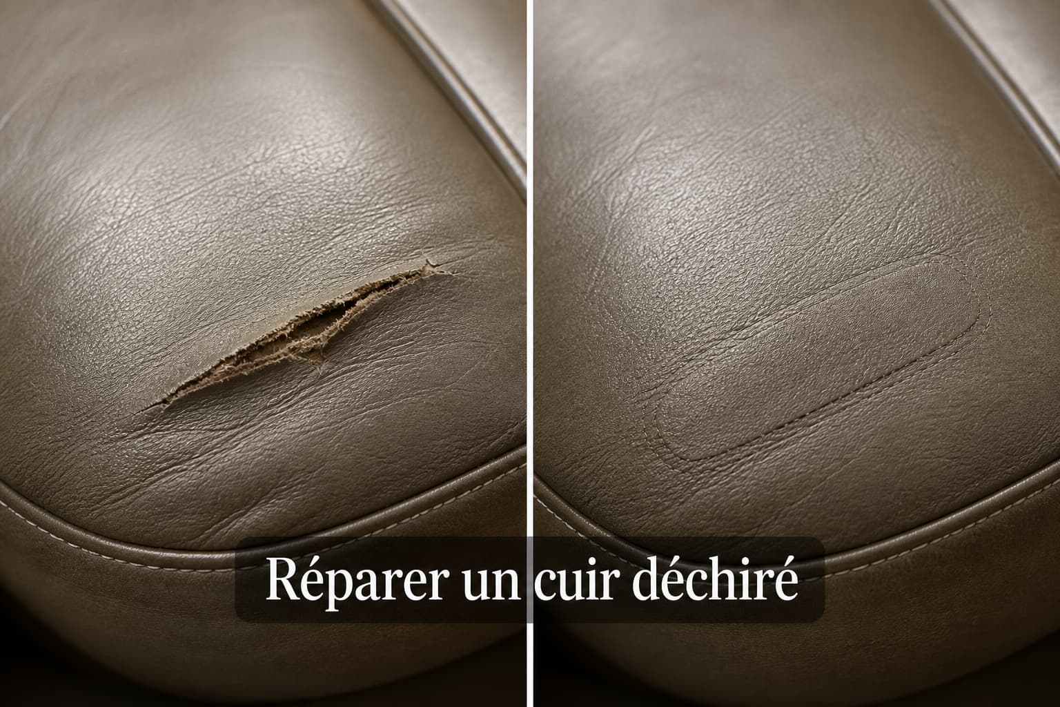Comparaison avant-après d’une assise en cuir : à gauche une déchirure visible, à droite une zone réparée discrète et lissée, avec le texte