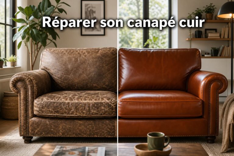 Canapé en cuir vintage divisé en deux : moitié gauche usée et craquelée, moitié droite restaurée et impeccable, dans un salon moderne baigné de lumière naturelle, avec le texte superposé 'Réparer son canapé cuir' en ombre portée.