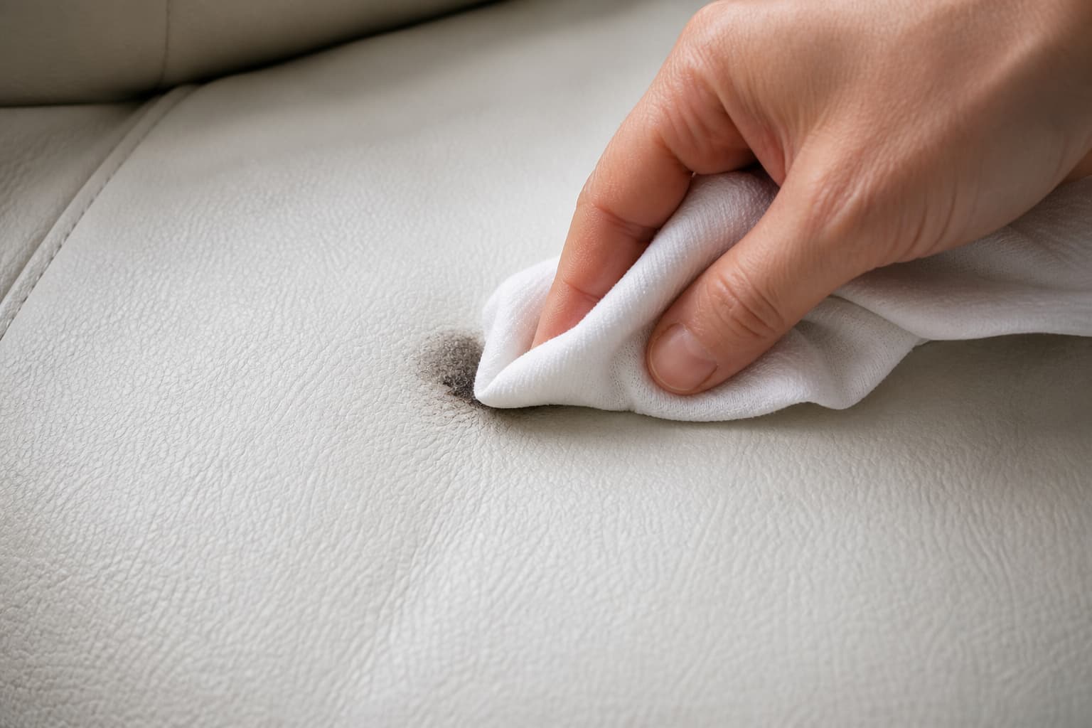 Une main tamponne une tache sombre localisée sur un canapé en cuir blanc avec un chiffon blanc.